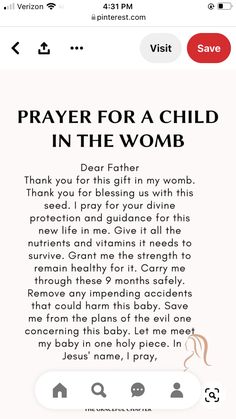 the prayer for a child in the womb is displayed on an iphone screen with text