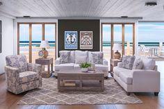 a living room filled with furniture next to a large open window covered in wood planks