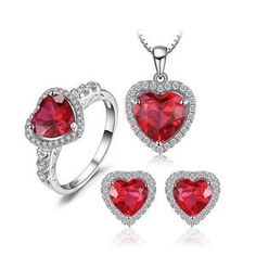 Created Ruby and CZ Heart Shape Jewelry SET in solid 925 Silver-Beautiful Gift Idea! - The Pink Pigs, Fine Jewels and Gifts for People who Love Animals! Ruby Heart Ring, Promise Jewelry, Celtic Love Knot, Jewelry Knots, Heart Shaped Jewelry, Silver Jewellery Sets, Ruby Jewelry, Ruby Ring, Heart Jewelry