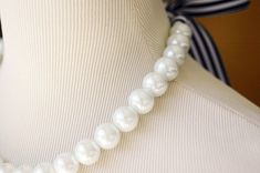 16mm Perfect Bridesmaid Necklace-Pearl Necklace w/Ribbon Tie WEDDING JEWELRY Maid of HONOR White Pearl Jewelry With Ribbon, White Pearl Jewelry With Ribbon Detail, Elegant White Jewelry With Ribbon, Elegant White Ribbon Necklaces, Elegant Pearl Necklaces With Ribbon, Elegant Pearl Necklace With Ribbon, Nautical Wedding Theme, Nautical Wedding, Candy Stripes