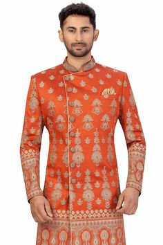 Product Features: Top Color: Rust Orange Bottom Color: Gold Work: Embroidery Top Fabric: Art Silk Bottom Fabric: Art Silk Pack Of: 1 Sherwani and Aligarh Pant Occasion: Partywear Disclaimer: There will be slight difference in digital to actual image Golden Sherwani, Bridegroom Outfits, Gold Work Embroidery, Silk Anarkali, Large Dangle Earrings, Silk Clutch, Sherwani For Men, Brocade Blouses, Silk Bottoms