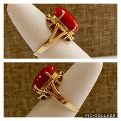 Welcome To Gold Knox Beautiful 14k yellow gold and red coral women's ring. The stone is securely set on the center with four prongs. Great for any gift occasion. Details below: Material 14k yellow gold, red coral Ring Size 5 US Hallmark 14k Coral 14mm x 8mm This would be a great gift on any occasion. Thank you for looking Please, be sure to view the pictures carefully as it is the exact item you are buying. Gold Knox opened its storefront in Pasadena, CA in 2011, since then we have an online sto Red Cabochon Ruby Ring In 14k Gold, 14k Gold Red Cabochon Ruby Ring, 14k Gold Red Cabochon Ring, 14k Gold Cabochon Red Ring, 14k Gold Rings With Red Cabochon, Red Ruby Oval Cabochon Ring In 14k Gold, Oval Cabochon Red Ruby Ring In 14k Gold, Stamped 14k Red Ruby Ring, Red Coral Ring