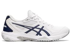 a white and blue sneaker with the word asics on it's side