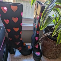 Knee High (Fits Small & Mid Calf, Around 14" Max Actually Selling Only Because My Calf Did Not Fit.. Neither Size. Whatever!) Gogo Platform Boots Of Vegan Leather / Vinyl With Clear Vinyl Pink Neon Hearts. Very Well Made Matte Finish! Pretty Punk Raver Princess Deelite Vibes! Ships New Unworn Except Tried On One Half The Set Indoors. Sugar Thrillz / Sugar Thrills By Dolls Kill Goth 60s, Heart Boots, Pink Platform Shoes, Neon Hearts, Heart Platforms, Pretty Punk, Heart Plush, Boot Bling, Pink Platforms