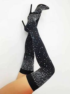 DETAILS Rhinestone decor Thigh high boots Pointed toe 3" heel Heel Care, Basic Boots, Blouse Jeans, Rhinestone Decor, Backless Mini Dress, Irregular Hem, Pleated Midi Dress, Bodycon Midi, Purple Fashion