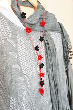 "Felt flower necklace is a great accessory. A beautiful boho necklace created by using handmade red and black felt flower and czech crystals. This handmade flower necklace is very soft, comfortable and one of a kind. You can use this authentic boho necklace with sport or fashionable clothes. Eco-friendly felt flower necklace made of 100% wool. You can buy this unique necklace for yourself or for your mom Mother's Day, girlfriend, for valentine's day, for anniversery, for your daughter... Length Handmade Red Lariat Necklace, Red Flower Pendant Jewelry For Mother's Day, Red Flower Shaped Necklace For Gift, Red Bohemian Jewelry With Flower Charm, Bohemian Long Flower Necklace, Handmade Red Flower Necklace With Adjustable Fit, Red Bohemian Lariat Necklace, Bohemian Black Flower Jewelry, Handmade Adjustable Red Flower Necklace