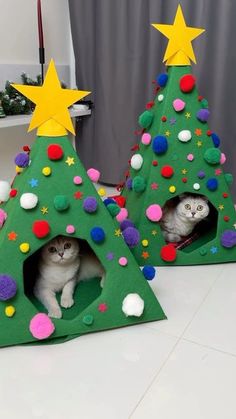 two cats sitting in their christmas trees made out of felt and pom poms