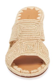 Woven raffia straps enhance the vacation-ready vibe of a breezy slide sandal lofted by a textural block heel. 2 1/2" heel Raffia upper/leather lining and sole Imported Vacation Sandals With Block Heel And Removable Insole, Vacation Sandals With Removable Insole And Block Heel, Beach Sandals With Stacked Heel And Open Toe, Stacked Heel Open Toe Sandals For Beach, Straw Block Heel Sandals For Beach, Natural Woven Leather Wedge Sandals For Vacation, Chic Woven Leather Sandals For Beach, Beige Wedge Heel Mules For Beach, Chic Woven Mules For The Beach