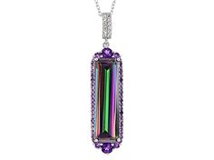 9.35ct emerald cut multicolor quartz with .92ctw round African amethyst and .06ctw round white topaz sterling silver pendant with 18"cable chain. Measures approximately 1.88"L x .44"W. 2mm bail. Spring ring clasp. Rhodium plated. Fine Jewelry With Rectangular Gemstone Accents, Fine Jewelry With Gemstone Accents Rectangular Shape, Diamond Jewelry With Rectangular Gemstone Accents, Multicolor Faceted Jewelry For Formal Occasions, Octagon Diamond Jewelry With Gemstone Accents, Luxury Jewelry With Rectangular Gemstone Accents, Fine Jewelry With Crystal And Gemstone Accents, Fine Jewelry Purple Faceted Jewelry, Purple Faceted Fine Jewelry