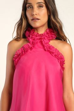 Get ready to make a striking entrance like no other in the Lulus Perfect Stunner Hot Pink Organza Ruffled Halter Mini Dress! Breezy, lightweight woven organza shapes this iconic dress with a ruffled halter neckline atop a sleeveless bodice. The trapeze silhouette and open back creates a fun and flirty vibe, perfect for dancing the night away in! Hidden back zipper/clasp. Fit: This garment fits true to size. Length: Mid-thigh. Size medium measures 34" from top to bottom. Bust: Great for any cup s Trapeze Silhouette, Halter Neck Mini Dress, Lulu Fashion, Iconic Dresses, Adhesive Bra, Halter Mini Dress, Strapless Bra, Halter Neckline, Full Skirt