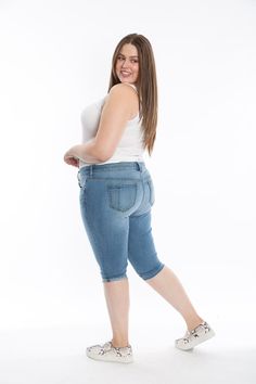 Hello Summer. Designed with you in mind, the super soft and ultra chic denim fabric now comes in a stylish capri. With a 18"" inseam, 10 1/8"" Rise, and 14 3/4"" Leg Opening complimented by a soft denim finish, The fray hem Pirate is perfect to pair with a relaxed tank or sneakers.Love your body. Fall in love with the New Pirate. Content: 52% Cotton 29% Rayon 17% Polyester 2% Spandex Stretch Denim Knee-length Jeans, Stretch Knee-length Cropped Denim Jeans, Knee-length Cropped Denim Jeans, Stretch Medium Wash Cropped Capri Jeans, Medium Wash Knee-length Denim Capris, Stretch Knee-length Summer Jeans, Summer Knee-length Stretch Jeans, Stretch Medium Wash Denim Capris, Stretch Medium Wash Cropped Leg Capris