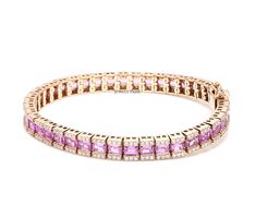 Pink sapphire emerald cut tennis bracelet in gold | Pink sapphire diamond bracelet | Emerald cut pink sapphire bracelet | Sapphire bracelet STONE DETAILS : ✦ Gemstone : Pink Sapphire ✦ Gemstone Type : Natural ✦ Gemstone Size : 4x3 MM ✦ Gemstone Shape : Emerald Cut ✦ Number of gemstones : 45 ✦ Gemstone Weight : 12-14 carats ✦ Gemstone Grade : AAAA DIAMOND DETAILS : ✦ Diamond Type : Natural ✦ Diamond Size : 1.00 mm ✦ Diamond Color : F-G ✦ Diamond Clarity : Slightly included ✦ Diamond Cut : Excelle Formal Pink Diamond Bracelet With 17 Jewels, Formal Pink Gemstone Tennis Bracelet, Fine Jewelry Tennis Bracelet With Baguette Diamonds, Formal Pink Bracelets With Diamond Accents, Pink Diamond Gemstone Bracelets, Luxury Pink Sapphire Diamond-cut Jewelry, Luxury Pink Sapphire Jewelry With Diamond Cut, Emerald Cut Diamond Accented Bracelets As Gifts, Rose Gold Cubic Zirconia Jewelry In Baguette Cut