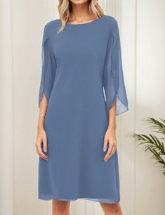 Elegant Chiffon Straight Dress Crew Neck Flutter Split Sleeve Party Wedding Cocktail Midi Dress, Woman's Clothing Blue Elegant,Modest  Half Sleeve  Plain Tunic Slight Stretch Spring/Summer Women Clothing, size features are:Bust: ,Length: ,Sleeve Length: Cocktail Midi Dress, Plain Tunic, Split Sleeve, Wedding Cocktail, Midi Cocktail Dress, Straight Dress, Wedding Cocktails, Womens Midi Dresses, Half Sleeve