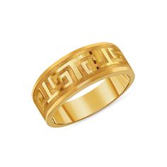 "14k solid gold Greek Key design Ring. Measures a little over 1/4\" wide. high polish finish." Yellow Gold Jewelry With Decorative Thick Band, Yellow Gold Rings With Decorative Thick Band, Wide Band In 14k White Gold, 14k White Gold Wide Band Ring, Wide Band 14k White Gold, Gold Engraved Ring With Wide Band Stamped 14k, Yellow Gold Jewelry With Decorative Open Band, 14k Gold Ring With Decorative Band, Luxury 14k Gold Jewelry With Decorative Band