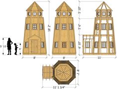 the plans for a wooden house are shown in three different sizes and shapes, including one with