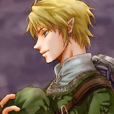 an anime character with blonde hair and blue eyes, wearing a green outfit looking at something