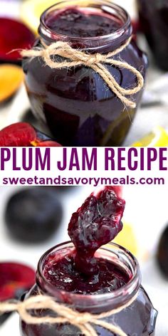 plum jam recipe in a jar with blueberries and raspberries