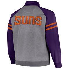 Be prepared for when temperatures start to drop with this Phoenix Suns Pieced Stripe track jacket from Fanatics Branded. It features embroidered team graphics and a stylish Olympic collar. This midweight full-zip is constructed with raglan sleeves that provide flexible movement and cozy microfleece lining, making it the perfect outer layer for chilly Phoenix Suns game days. Officially licensed Long sleeve Machine wash, tumble dry low Full Zip Sewn-on stripes Material: 100% Polyester Olympic coll Sports Half-zip Outerwear With Zipper Closure, Fall Sports Outerwear With Zipper Closure, Fall Sports Fleece Jacket With Zipper Closure, Sports Fleece Jacket With Zipper For Fall, Sports Fleece Jacket With Zipper Closure For Fall, Fall Sports Track Jacket With Zipper Closure, Fall Track Jacket With Ykk Zipper For Outdoor Activities, Fall Sports Fleece Jacket With Ykk Zipper, Fall Long Sleeve Track Jacket For Sports Events