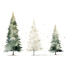 three watercolor christmas trees with gold glitters on them, one is white and the other is green