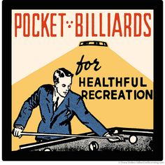 a man is playing pool in front of a yellow and black sign that says pocket - billards for healthful recreation