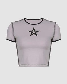 Details: Short-sleeve top with front star graphical designTop Length: CroppedSleeve Length: Short SleevesMaterials:95% Cotton + 5% Spandex Crew Neck Tops With Star Logo For Summer, Graphic Tee With Star Logo For Summer, Fitted Star Print Summer Tops, Fitted Star Print Tops For Summer, Casual Stretch Top With Star Print, Trendy Fitted Tops With Star Print, Black Stretch Top With Star Print, Black Short Sleeve Tops With Star Print, Fitted Y2k Tops With Star Print