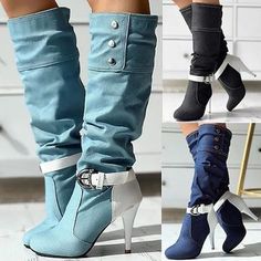 Category:Boots; Upper Materials:Denim; Embellishment:Buckle; Season:Winter,Fall; Heel Type:Cone Heel; Gender:Women's; Toe Shape:Round Toe; Type:Knee High Boots; Style:Minimalism,Casual,Vintage; Heel Height(inch):1-2; Outsole Materials:Rubber; Occasion:Outdoor,Daily; Closure Type:Zipper; Pattern:Solid Color; Listing Date:09/11/2023; Production mode:External procurement; 2024 Trends:Heel Boots,Plus Size,Slouchy Boots; Foot Length:null; Foot Width:null; Heel Height:Low Heel Denim Blue Boots For Winter, Fitted Denim Boots For Winter, Denim Boots For Winter, Winter Denim Blue Boots, Chic Denim Winter Boots, Chic Winter Denim Boots, Chic Denim Blue High Heel Boots, Blue High Heel Boots With Reinforced Heel, Denim Knee-high Boots For Spring