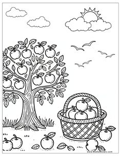 an apple tree and basket with apples in it