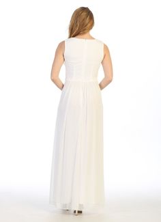 You'll love twirling around in this long sleeveless chiffon dress with ruched bodice by Celavie 6474. This beautiful gown features a V-neck sleeveless ruched bodice, a sparkly beaded waistband, partial open V-back, long floor length A-line chiffon skirt, and a zipper closure. Affordably priced below $140, this long evening dress is perfect for any formal event and will keep you on budget! Designer: Celavie Style Number: 6474 Material: Chiffon, 100% Polyester Details: Bra Cup, Fully Lined Fit: Th Sleeveless Chiffon Dress, Semi Formal Wedding, Dress With Corset, Cinderella Divine, Bra Cup, Sequin Gown, Ruched Bodice, Chiffon Skirt, Fitted Skirt