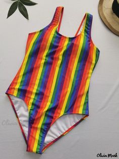 Olivia Mark - Rainbow Color Striped Print Scoop Neck One-piece Swimsuit, High Stretch Colorful Stylish Waster Sports Bathing Suits, Women's Swimwear & Clothing Sport Bathing Suit, Rainbow Color, Women's Swimwear, Color Stripes, Olivia Mark, Stripe Print, Womens Swimwear, Rainbow Colors, One Piece Swimsuit