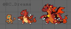 three different types of pokemons, one red and one orange