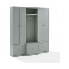 a gray wardrobe with two drawers and a shelf on the bottom, in front of a white background