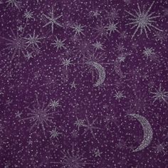 an image of stars and moon in the sky on purple fabric with white glitters