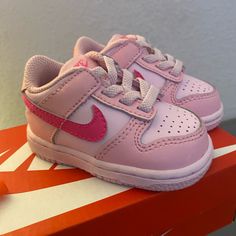 Nike Dunk Triple Pink Size 3c Pink High-top Leather Running Shoes, Pink Leather High-top Running Shoes, Pink Leather Basketball Shoes With Round Toe, Pink Jordan Shoes With Rubber Sole, Pink Low-top Leather Jordan Shoes, Non-slip Low-top Sneakers For Playtime, Lace-up Synthetic Sneakers For Playtime, Pink High-top Sneakers For Playtime, Pink Non-slip Sneakers For Playtime