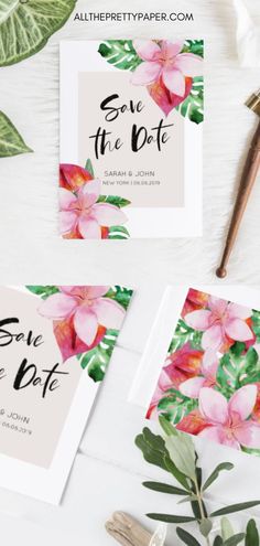 save the date cards with pink flowers and greenery