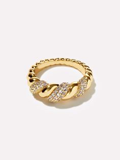 Calling all maximalists: this sparkly rope ring is your next everyday must-have essential. This twisted ring is dipped in a layer of 14K gold, then adorned with cubic zirconia gemstones to add an element of fun to your outfit. This rope ring stands out on its own, but if you’re looking for more, add our Toda earrings to your look. Want something more muted? Try our original Rope Slim & Rope Bold rings. • Dipped in 14K gold • Adorned with cubic zirconia gemstones • 365-day warranty Gold Rings Diamond, Non Tarnish Jewelry, Gold Stacked Rings, Pavoi Jewelry, Designer Gold Rings, Dainty Ring Stack, Gold Jewelry Design, Rings Inspiration, Fantasy Earrings