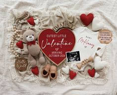 a baby announcement with teddy bears and other items on a white blanket that says, guest little valentine