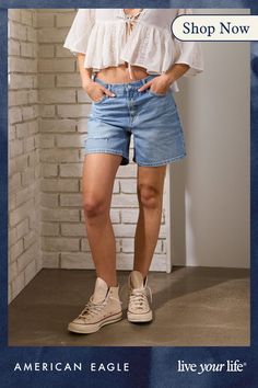 Rigid in the front. Stretchy in the back. Magic all over with innovative 50/50 construction./Dark wash/Ripped/This is Real Good: Made with the planet in mind & a promise to continue to do better. Mid-rise Medium Wash Denim Jean Shorts, Medium Wash Mid-rise Denim Jean Shorts, High Rise Medium Wash Jean Shorts With Five Pockets, Medium Wash Rigid Denim Jean Shorts, Medium Wash Short Jeans For Everyday, Medium Wash Short Length Jeans For Everyday, Medium Wash Short Length Denim Jeans, Medium Wash Short Length Everyday Jeans, Short Length Denim Blue Jeans For Everyday