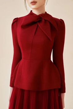 Genoa Peplum Long Sleeved Cashmere Top | MEAN BLVD Oversized Blazers, Red Dress Long, Mean Blvd, Formal Tops, Fifties Fashion, Elegant Lady, Blazer Designs, Genoa, Sleeves Top