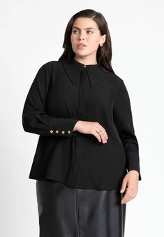 Pointed Collar Button Down, Top Sale, Totally Black | Eloquii Modern Fall Tops With Placket, Office Blouse With Button Closure And Stretch Fit, Stretch Blouse With Button Closure For Office, Versatile Collared Shirt With Button Cuffs, Stretch Button-up Blouse For Business Casual, Versatile Collared Business Casual Shirt, Business Casual Stretch Button-up Blouse, Versatile Collared Shirt For Business Casual, Stretch Shirt For Workwear