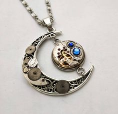 Colorful Steampunk, Unusual Gifts For Women, Moon Accessories, Crescent Moon Necklace Silver, Crescent Moon Jewelry, Steampunk Crafts, Moon Necklace Silver, Steam Punk Jewelry, Silver Jewelry Necklace