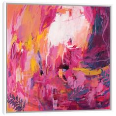 an abstract painting with pink, yellow and purple colors on it's paper frame