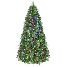 a green christmas tree with multicolored lights on it's top and bottom