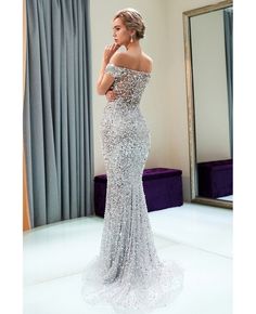 Buy Luxury Sparkly Silver Mermaid Long Prom Dress With Off Shoulder Straps at affordable price online. Free shipping and pro custom service since 2009. Silver Evening Gowns, Embellished Party Dress, Evening Gowns Online, Party Dress Inspiration, Homecoming Court, How To Dress For A Wedding, Sweep Train Prom Dress, Sequin Evening Gowns, Kitchen Party