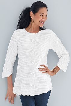 white Elegant Fitted Textured Knit Top, Elegant Spring Knit Blouse, Elegant Stretch Tops With Textured Knit, Elegant Textured Knit Stretch Tops, Elegant Stretch Textured Knit Tops, Textured Crew Neck Top For Layering, Knit Textured Tops For Layering, Elegant Fitted White Knit Top, Chic Fitted Textured Knit Blouse