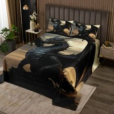 a bed with a black dragon on it