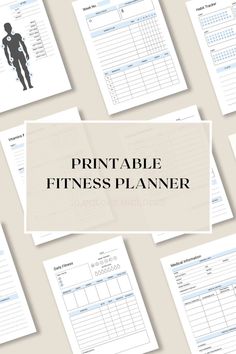 the printable fitness planner is displayed on top of a table full of exercise sheets