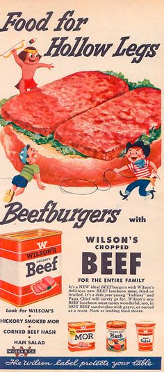 an old advertisement for beef burgers from the 1950's and 1960s's