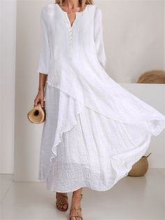 Women's White Cotton Linen Maxi Dress Sundress Swing Dress V-Neck Button 3/4 Sleeve Layered Loose Fit Casual Summer Spring 2024 2024 - $34.99 Loose Maxi Dress Cotton, Cheap Flowy Cotton Dresses, Cheap White Maxi Sundress, White Linen Maxie Dress, Cheap White Maxi Dress For Daywear, Cheap White Long Dress Free Shipping, Casual White Dress Long Nordstrom, Cheap White Maxi Dress For Casual Wear, Cheap White Chiffon Dresses