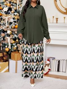 Plus Size Women's Elegant Autumn And Winter Elegant Woven Long Sleeve Plus Size Co-Ords Women Two Piece Sets Two Piece Fall Outfits Camo Women Pants Christmas Women Shirts Christmas Women Clothes Multicolor Casual    Geometric,All Over Print  Non-Stretch  Women Plus Clothing, size features are:Bust: ,Length: ,Sleeve Length: Plus Size Winter, Co Ords, Women Pants, Comic Styles, Women Clothes, Oversize Hoodie, Two Piece Sets, Christmas Women, Autumn And Winter