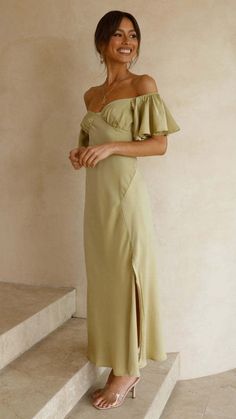 Olive Chiffon Midi Dress, Midi Formal Dress Elegant, Chic Luxury V-neck Dress With Short Sleeves, Fitted Off-shoulder Sundress Midi Dress, Flirty Green Off-shoulder Dress, Flirty Off-shoulder Green Dress, Summer Night Out Dress With Open Neckline, Solid Color Sundress For Night Out, Summer Evening Dress With Open Neckline